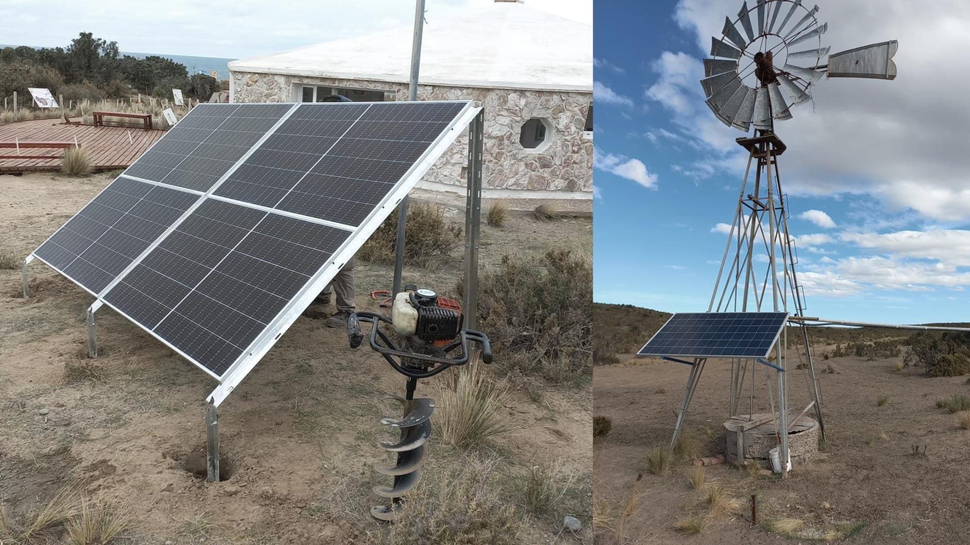 Instalación de bombeo solar en campo patagónico junto a un molino de viento
